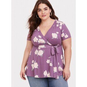 Torrid Womens Plus 0X‎ Dusty Purple Floral Babydoll Wrap Top Stretch Shirt